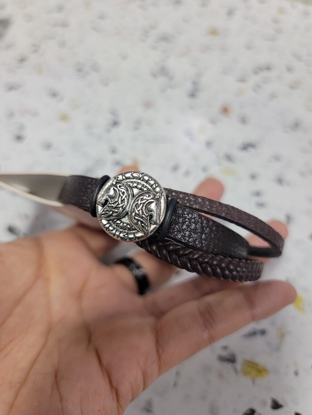 Men's Brown Braided Leather Wrap Bracelet with Silver Medallion